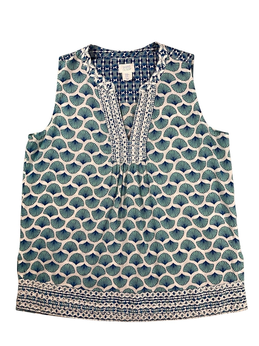 Sigrid Olsen V-Neck Tank Women’s Med 100% Cotton Seashell Mixed Prints
